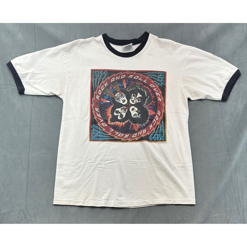 Vintage 1994 KISS Rock and Roll Over Ringer TShirt Mens Large White USA 90s Band